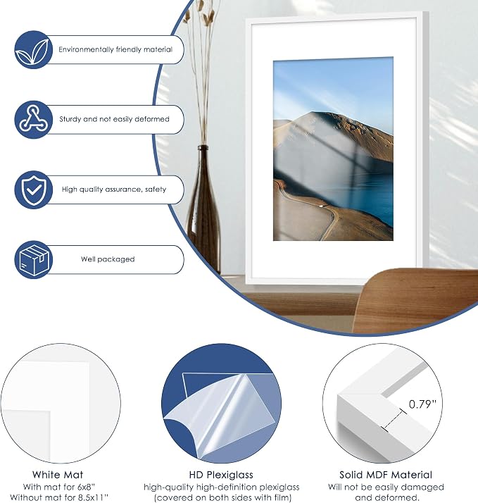 11x17 Picture Frame Set of 6, Wall Mount Display, White | Display Pictures 8x12 with Mat or 11x17 without Mat,Horizontal or Vertical,Gallery Wall Frame Set,Wedding Birthday Gifts