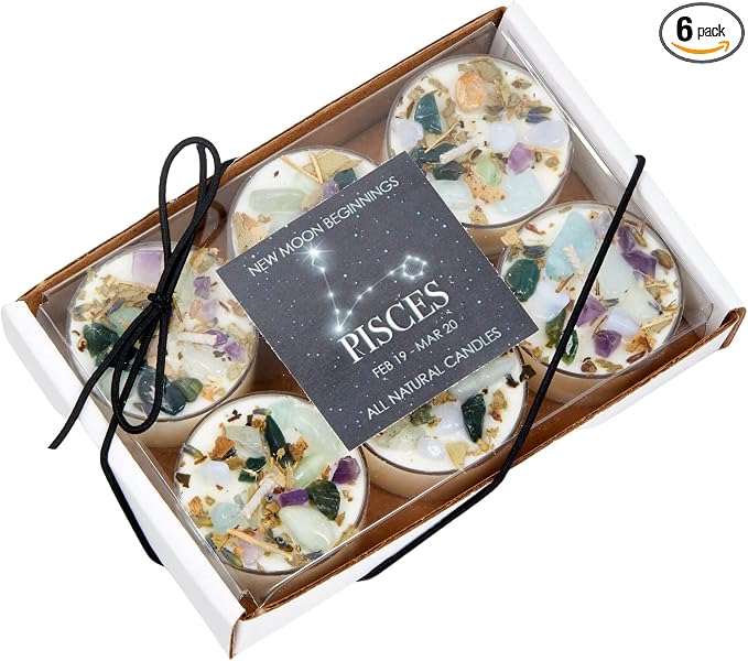 Pisces Zodiac Candle (Feb. 19 - Mar. 20) -Soy Candle - All Natural Aromatherapy Candle - Pisces Horoscope Candle - Crystal Candles - Set of 6 Tealights