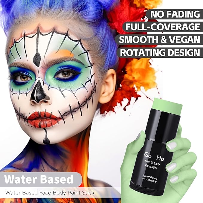 Go Ho Pastel Green Face Body Paint Stick,Water Based Washable Light Green Face Paint Stick,Non-toxic Full-coverage Cream Light Green Body Paint for Halloween Costumes Cosplay SFX Makeup