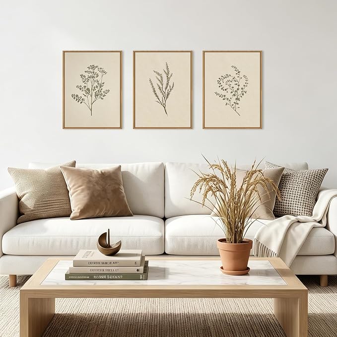 ANHUIB Neutral Beige Floral Canvas Wall Art Large Cream Botanical Wall Decor Vintage Minimalist Modern Paintings 16x12 Inch Set of 3 for Living Room Dining Room Bedroom