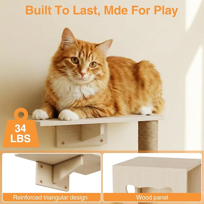 Cat Wall Shelves, 8-Piece Modern Wall-Mounted Cat Furniture Includes House, Bridge, Steps, Scratcher, Perch & Lounge for Indoor Cats, Space-Saving Wall Mounted Cat Shelves for Play & Rest