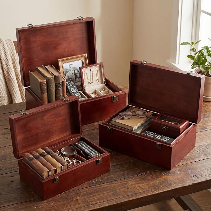 Sliner 3 Pcs Wooden Decorative Storage Boxes with Lids Vintage Wood Organizer Bins for Your Bookshelf Home Decor Safely Store Photos Documents Memory Jewelry Craft Storage (Light Brown,S M L Size)