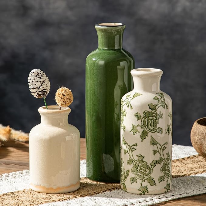 Rustic Ceramic Vase Set of 3, Flower Vases for Farmhouse Decor, Kitchen Living Room Table Centerpieces Decoration, Shelf, Mantel and Entrance Decorations-Multicolor.