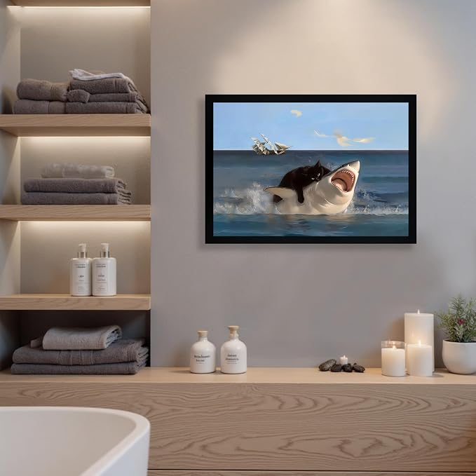 ICHZUMW Framed Funny Black Cat Biting Shark Ocean Canvas Wall Art 16x24 In | Quirky Cat Biting Shark Oil Painting, Humorous Bathroom Wall Decor, Bedroom Bar Man Cave Restroom Powder Room, Ready to Hang