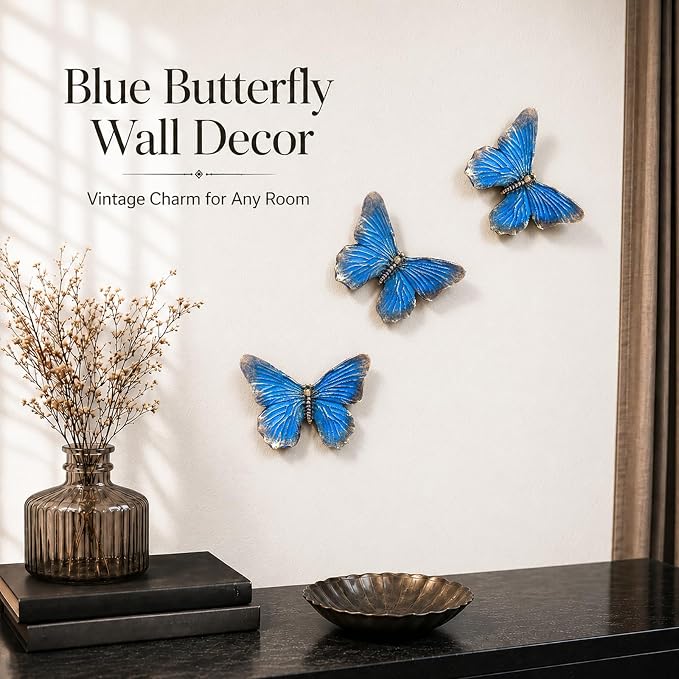 GUSFREUD 3D Butterfly Wall Decor Set – Resin Wall Decor for Living Room, Bedroom, Bathroom, Dining Room, Outdoor and Gallery Walls - Antique Blue - Set of 3