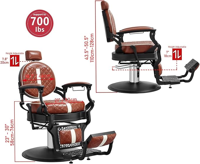 Kaleurrier Reclining Hair Salon Chair - Vintage Barber Chairs Height Adjustable for Stylist Barber Shop Home Haircut Tattoo Massage - Brown and White Quilted Leather
