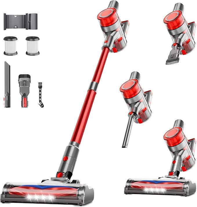 Cordless Vacuum Cleaner, Powerful Stick Vacuum Cleaner for Home with Rechargeable Battery, 6-in-1 Lightweight Handheld Vacuum, 45 Mins Runtime for Hardfloor & Carpets Pet Hair (red)