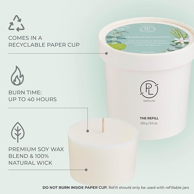 PartyLite Seagrass Eucalyptus Scented Jar Candle + (1) Refill - Notes of Eucalyptus, Lemon, Seagrass & Driftwood, 10oz 1-Wick Aromatherapy Candle