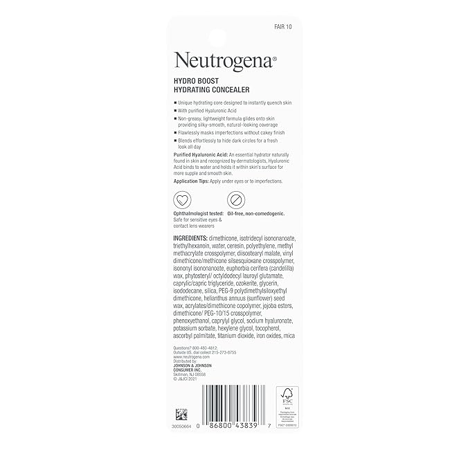 Neutrogena Hydro Boost Hydrating Concealer Stick, Oil-Free, Lightweight Cover-Up Makeup with Hyaluronic Acid Refreshes Dry Skin & Provides Buildable Coverage, 10 Fair, 0.12 Oz