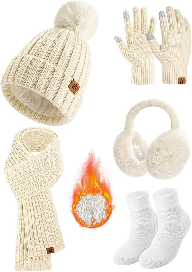 Yusongirl Winter Women Scarf Gloves Beanie Ear Muffs Socks Set Cold Weather Warm Knit Hat Fleece Long Neck Warmer 5 in 1 Set