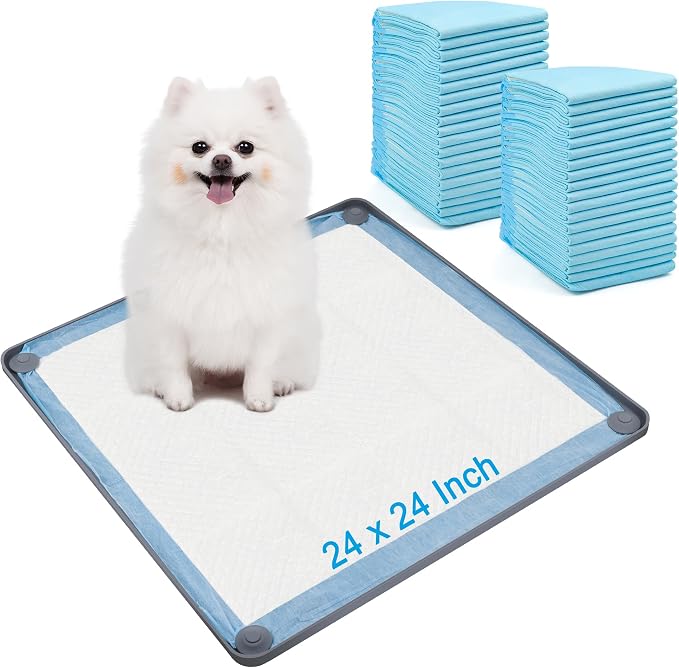 Catcan 24x24In Dog Pee Pad Holder with 40 Disposable Training Pads | Puppy Pad Holder Tray for Dog Training with 40P Disposable Urine Pads and 2 Hooks (Hangable)