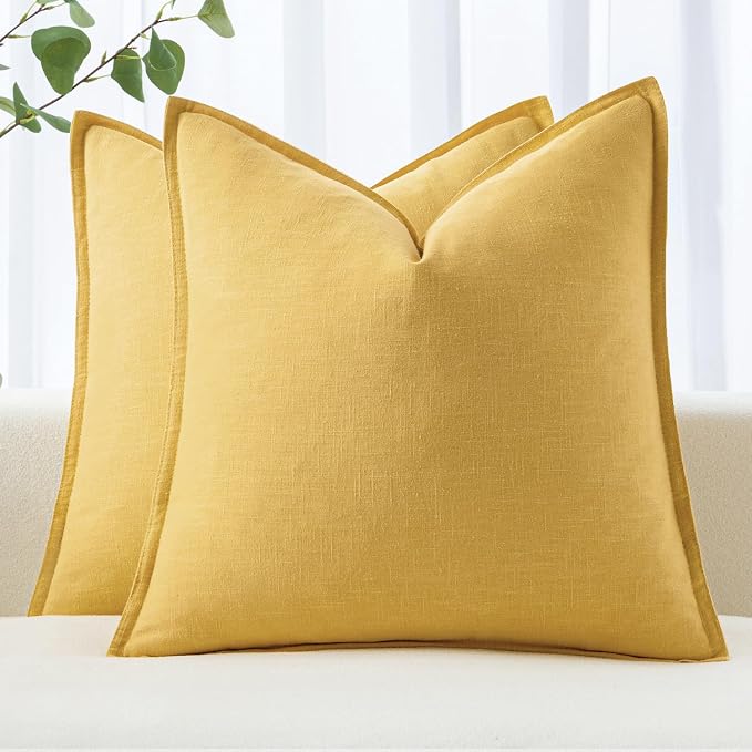 MIULEE Decorative Linen Euro Sham Pillow Covers 24x24 Yellow | Boho Farmhouse Neutral Couch Throw Pillows for Bed, Pack of 2 Accent Modern Pillowcases, Sofa Livingroom Home Decor