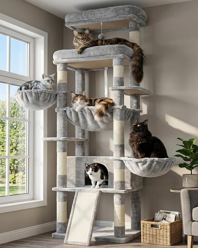 Hey-brother Cat Tree Tower with Extra Large Platform and Basket, MPJ080W | 71.7 Inches Scratching Posts with Specious Condo, 2 Cozy Hammocks, Scratch Board for Indoor Adult Cats, Maine Coon Light Gray