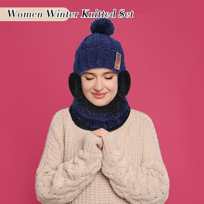 SATINIOR 5 Pcs Winter Hat Scarf Gloves Set Fleece Warm Lined Knit Beanie Hat Touch Screen Earmuff Gloves Warmer for Women(Navy Blue,Classic Style)