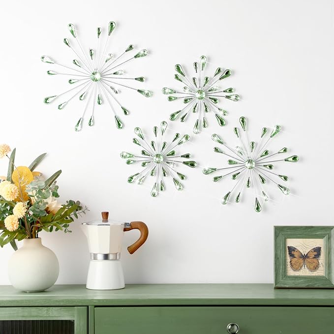Hicarer 4 Pcs Starburst Wall Decor Bling Wall Art Crystal Teardrop 3D Hanging Rhinestone Radial Metal Artwork Modern Accent Sculptures Decorations for Living Room Home Office Bedroom(Green)