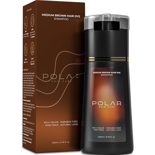 Polar Haircare - Medium Brown Hair Dye Shampoo for Women & Men - Natural Semi Permanent Color Shampoo for Gray Hair Coverage, Vegan - Instant Dye 6.76 Fl Oz