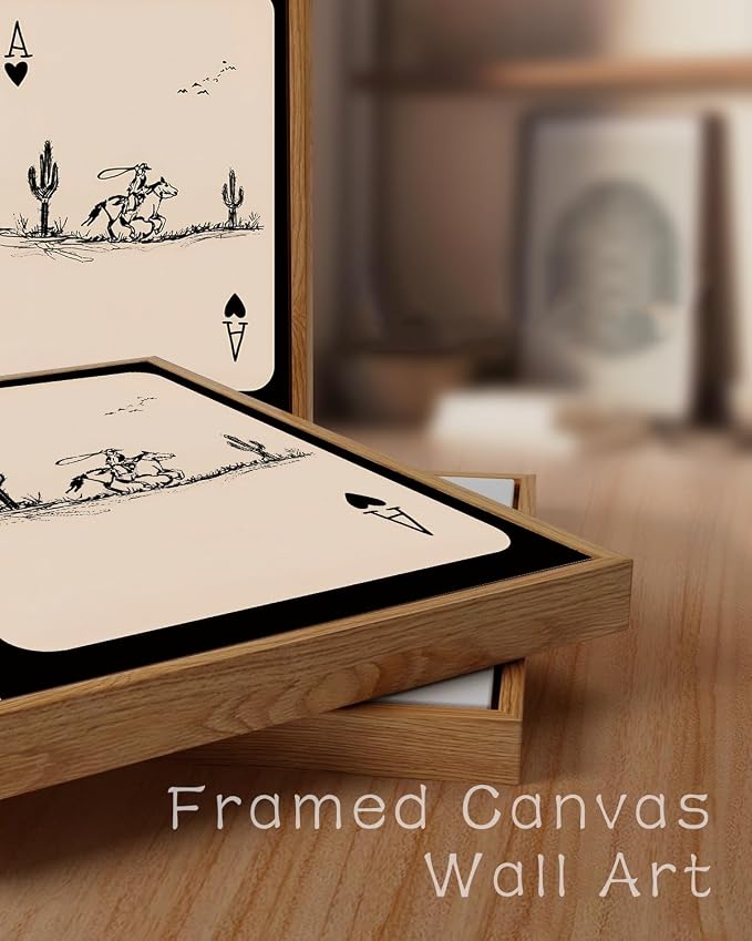 ZZLWBKGL Western Wall Decor Cowboy Poker Canvas Art Vintage Framed Wall Art | Cactus Artwork Mid Century Picture Southwest Farmhouse Paintings for Bedroom Living Room 12x16in