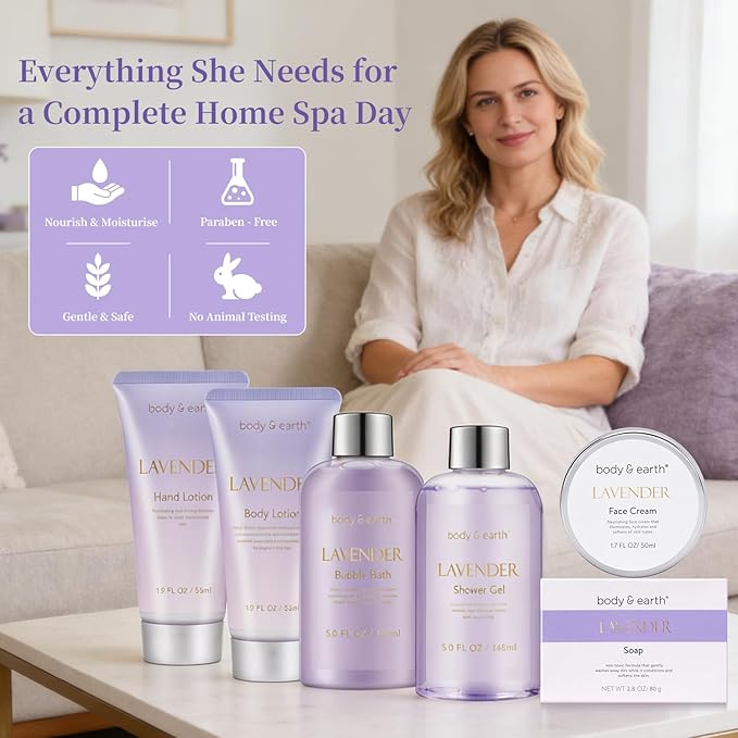 BODY & EARTH Bath and Body Gift Set - 6 Pcs Lavender Bath Kit for Women Spa Set, Birthday, Mother's Day Gift Set for Women Includes Bubble Bath, Shower Gel, Body Lotion