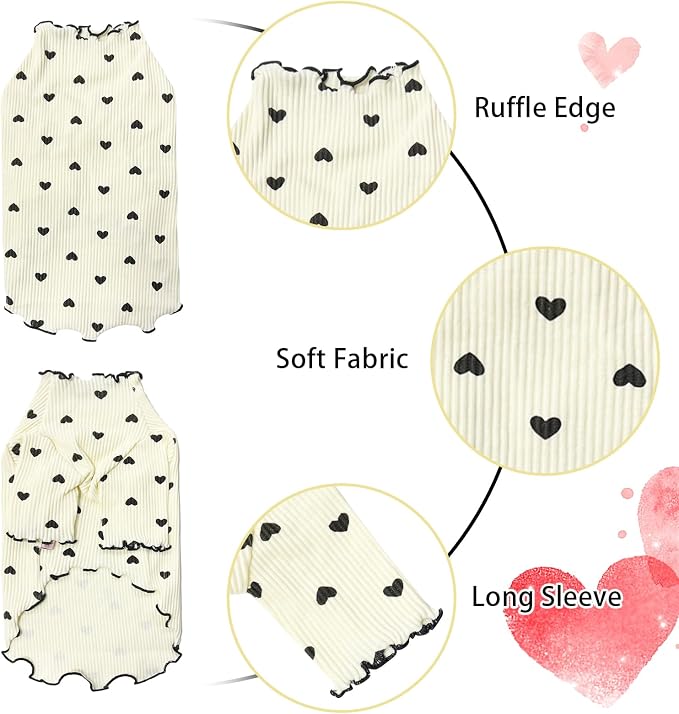 Pet Clothes for Small Dogs Cat Summer Fall Heart Print Shirt Stretchable Ruffle Long Sleeve Outfits for Chihuahua Schnauzer Shih Tzu Yorkie (Beige, Large)