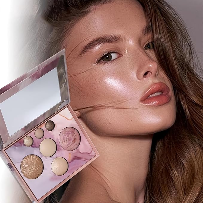 K'APEINE All in One Baked Makeup Palette, Dark Brown Eyeshadow, Blush Highlighter & Bronzer Face Kit Neutral Baked Powder Palette Hign Pigment Full Face Makeup Set Women (7colors)