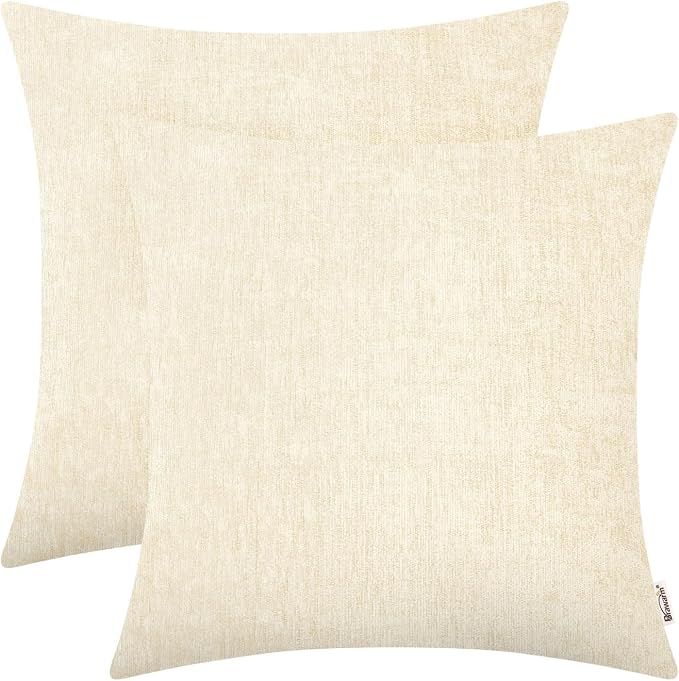 BRAWARM Throw Pillow Covers 18x18 Inches - Cream Chenille Pillow Covers Pack of 2, Solid Dyed Soft Chenille Pillow Cases for Couch Sofa Bed Home Decoration