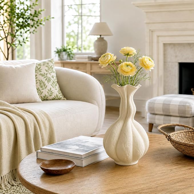 DOWAN 10 Inch Ceramic Vase for Flowers, Tall Warm White Decorative Vase with Narrow Neck, Modern Sculptural Flower Vase for Table, Entryway and Mantel Decor