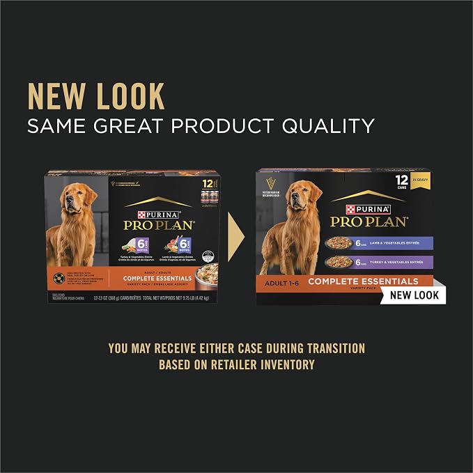 Purina Pro Plan Complete Essentials Wet Dog Food Variety Pack, (12) 13 oz | Lamb & Vegetables and Turkey & Vegetables Entrees, high protein dog food in gravy, supports a healthy immune system