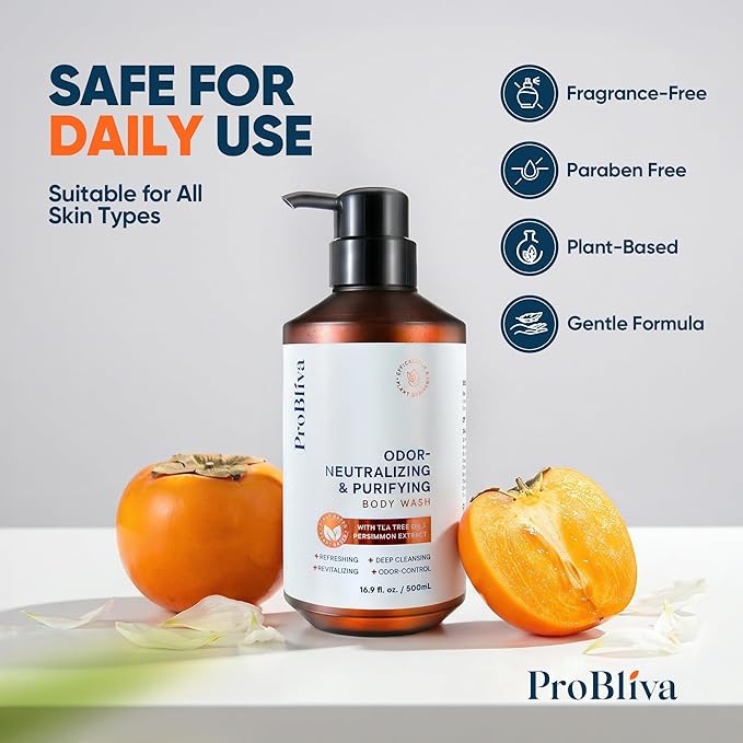 ProBliva Persimmon Body Wash for Aging Odor: Purifying & Deodorizing Body Wash for Older People Smell with Tea Tree Oil & Green Tea - Japanese Odor-Control Eliminator for Adults & Seniors - 33.8 fl.oz