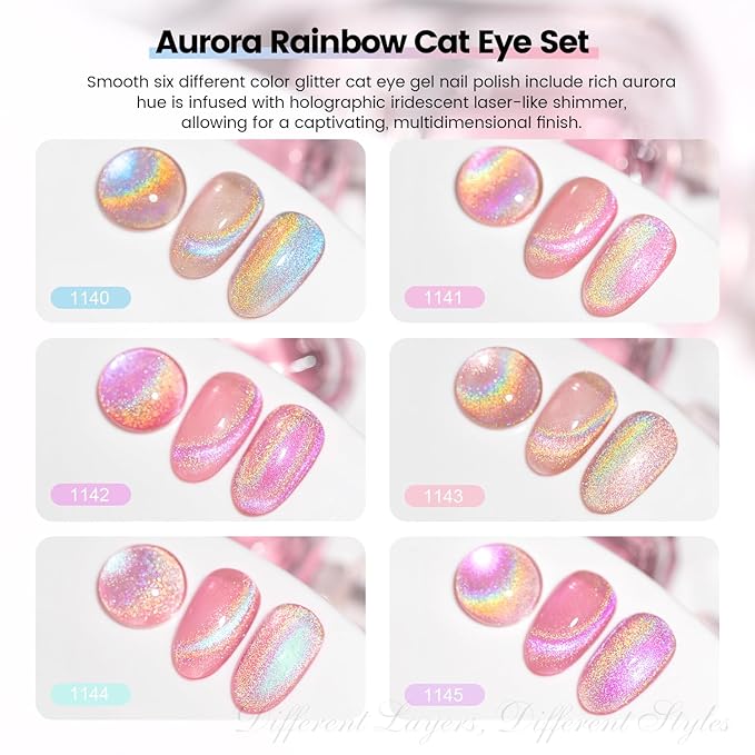 RARJSM Nude Pink Holographic Rainbow Glitter Cat Eye Gel Nail Polish Set 6Pcs Blue Rose Pink Purple Green Orange Galaxy Aurora Cateye Glitter with Magnetic Stick UV LED Curing Require Home Salon
