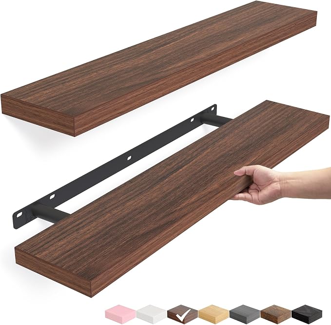 BAYKA Walnut-Like Floating Shelves 22.5in, 2 Pack, Wall Mounted Wall Decor | Easy Install, 22lbs Max Load, Hidden Bracket, Shelf for Bathroom Bedroom Kitchen Books Display Storage, Multi-Wall Compatible