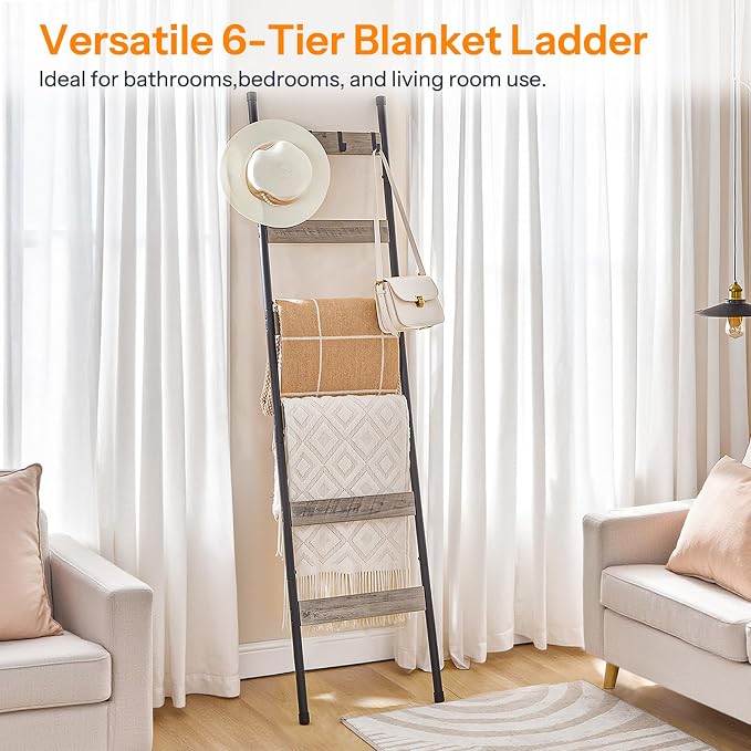 HOOBRO Blanket Ladder, 6-Tier Towel Rack with Hooks, Wall-Leaning Blanket Rack, Decorative Display Ladder Shelf, Scarves, Industrial, Living Room, Bedroom, Black and Greige BG66CJ01