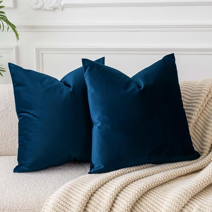 Throw Pillow Covers Set of 2 for Couch Bed Velvet Cushion Cover 14x14,Navy | Decorative Pillow Covers with Invisible Zipper for Sofa Living Room Bedroom Home Decor Modern