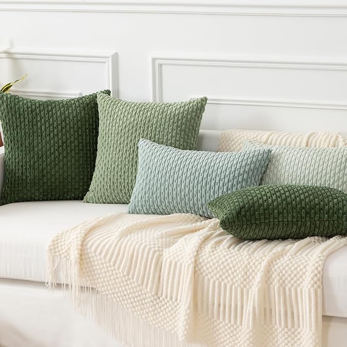 Kevin Textile Soft Corduroy 14"x20" Lumbar Pillow Cover 1 Pack, Grey Green | Boho Stripe Plush Corduroy Decorative Oblong Cushion Cover Modern Farmhouse Home Decor for Sofa Couch Bed Chair