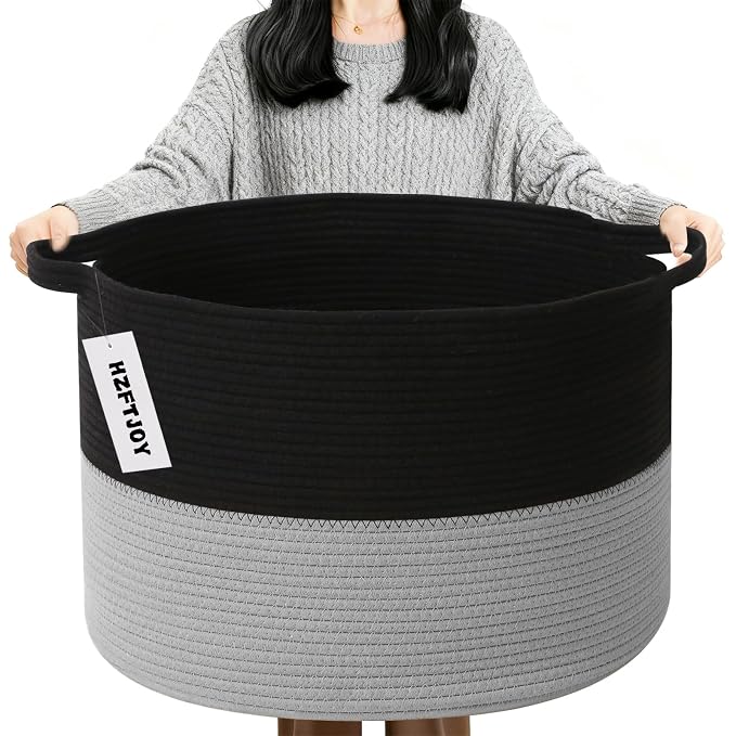 90L Large Blanket Basket,Woven Laundry Basket-Black&Light Grey | Collapsible, reinforced handles, nursery storage bin organizes clothes, toys and pillows for living room, bedroom bathroom