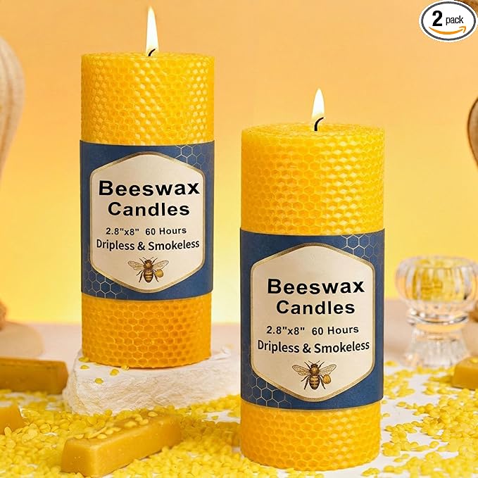 2 Pack Large Beeswax Pillar Candles, 2.8x8 Inch Natural Hand-roll Honeycomb Beeswax Candles, 100-Hour Slow Burn, Dripless & Air Purifying for Extended Serenity, Decor & Gifts