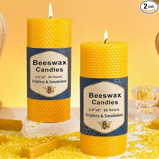 2 Pack Large Beeswax Pillar Candles, 2.8x8 Inch Natural Hand-roll Honeycomb Beeswax Candles, 100-Hour Slow Burn, Dripless & Air Purifying for Extended Serenity, Decor & Gifts