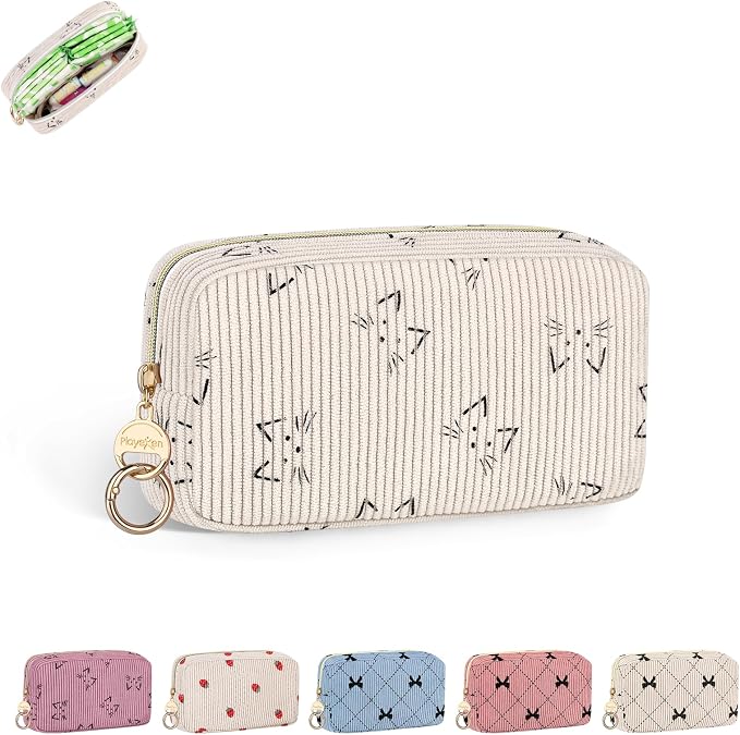 Corduroy Tampon Holder for Purse, Cute Period Bag with Ring Buckle, Portable Tampon Bag Organizer Case for Feminine Products (Cats-Beige)