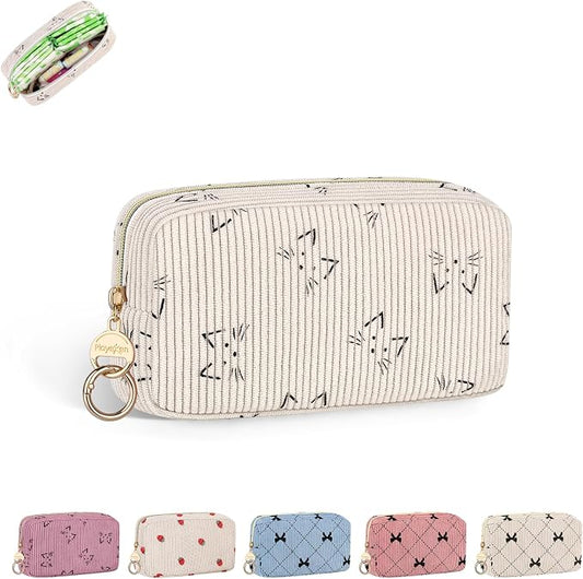 Corduroy Tampon Holder for Purse, Cute Period Bag with Ring Buckle, Portable Tampon Bag Organizer Case for Feminine Products (Cats-Beige)