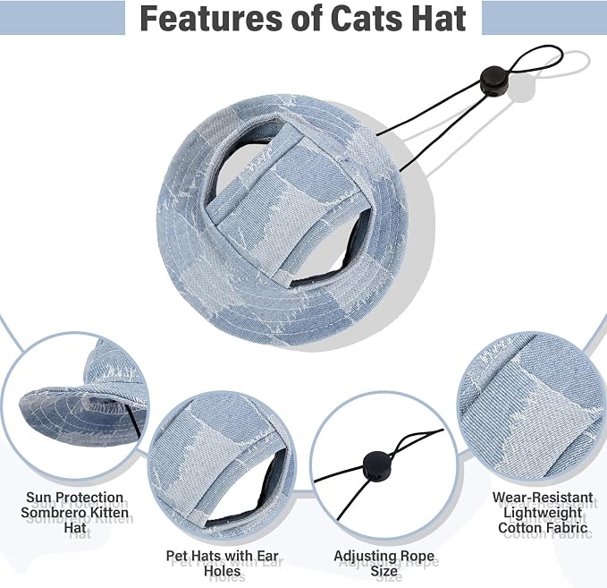 DENTRUN Cat Bucket Hat with Ear Hole, Cotton Birthday Bonnet for Small Pets | Breathable cotton, Adjustable Secures fit, For birthday Party, For small cats, daily cute photos