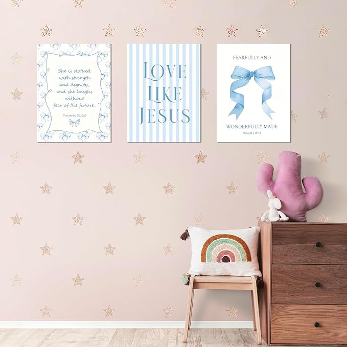 Blue Coquette Room Decor of Bow Pictures Bible Verses Wall Art Decor Set of 3 Preppy Posters Bedroom and Light Bule Bow Dorm Decor Room Decor For Teen Girls 16x24 Inch Framed
