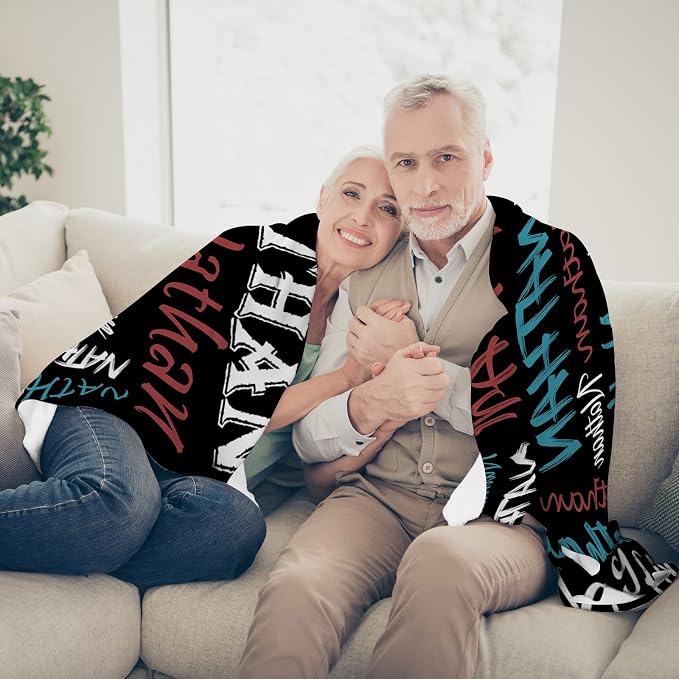 Personalized Name Throw Blanket, Custom Black Theme Light Soft Flannel Fleece Throw Blanket for Men Women Boys Girls Kids, Customized Name Gifts for Birthday Christmas Valentines Day
