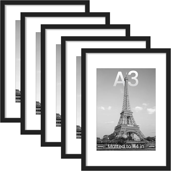 upsimples A3 Picture Frame, Gallery Wall Frames Set of 5, Black | Photo Frame Collage Wall Decor, 8.3x11.7 Picture Frame with Mat for Family, Baby, Hallway, Christmas