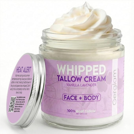 Beef Tallow for Skin, Whipped Beef Tallow Balm for Face & Body with Shea Butter and Lavender Oil, Grass Fed Beef Tallow for Eczema, Dry Sensitive Skin and Rosacea 4 Oz (Vanilla Lavender)
