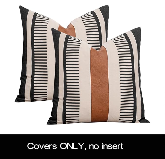 Farmhouse Stripe Pillow Cover 22x22 Boho Accent Cushion Case Faux Leather Decorative Pillowcase,Black and Beige (Cover ONLY, Pack of 2)