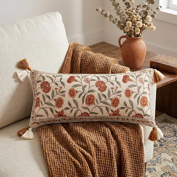 French Linen Rectangle Throw Pillow Cover,Set of 2,28"x12"-Albano A | Designer Vintage Pillow Cover,Concealed Zipper Design,Orange Floral Pattern,Sofa,Bedroom,Living Room,Lounge Chairs