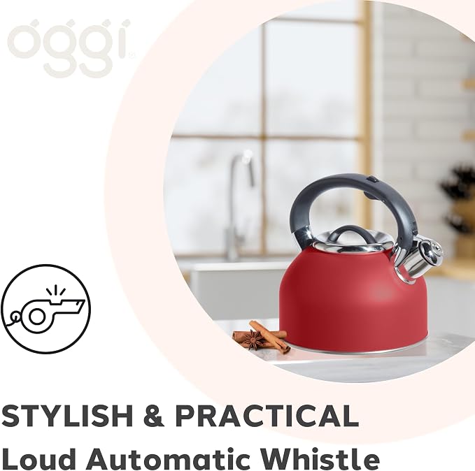OGGI Tea Kettle for Stove Top - 64oz / 1.9lt, Stainless Steel with Loud Whistle, Ideal Hot Water Kettle and Water Boiler - Brick Red