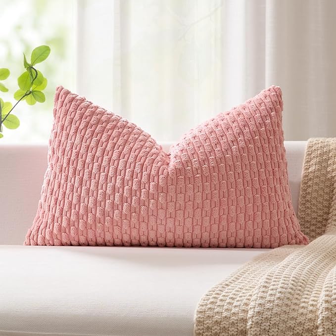 Kevin Textile Soft Corduroy 14"x24" Lumbar Pillow Cover 1 Pack, Dark Pink | Boho Stripe Plush Corduroy Decorative Oblong Cushion Cover Modern Farmhouse Home Decor for Sofa Couch Bed Chair