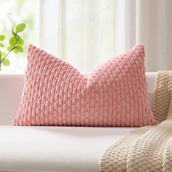 Kevin Textile Soft Corduroy 12"x24" Lumbar Pillow Cover 1 Pack, Dark Pink | Boho Stripe Plush Corduroy Decorative Oblong Cushion Cover Modern Farmhouse Home Decor for Sofa Couch Bed Chair