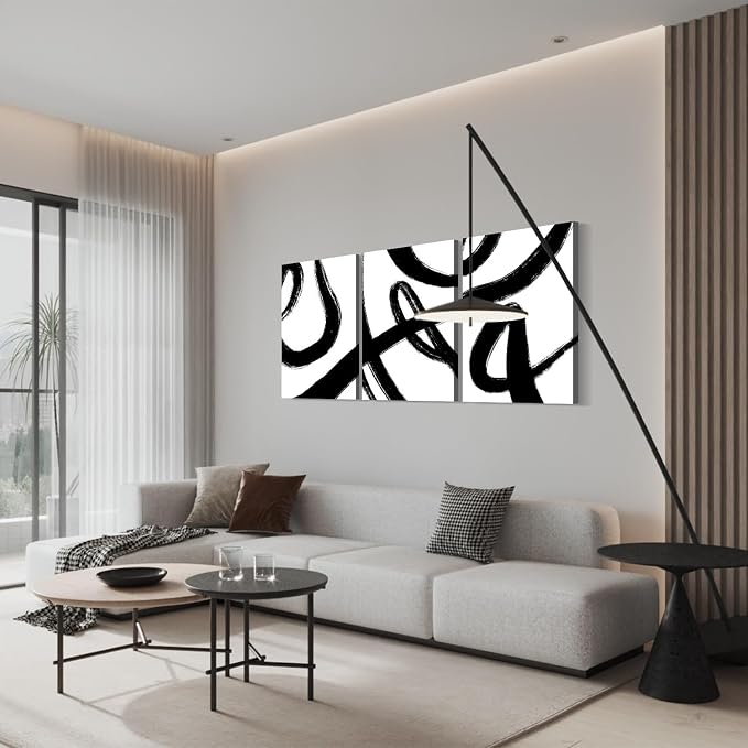 3Pcs Framed Abstract Black and White Canvas Wall Art Minimalist Brushstroke Line Prints Modern Home Gallery Style Picture Painting Posters Bedroom Living Room Office 16x24 Inch Ready to Hang