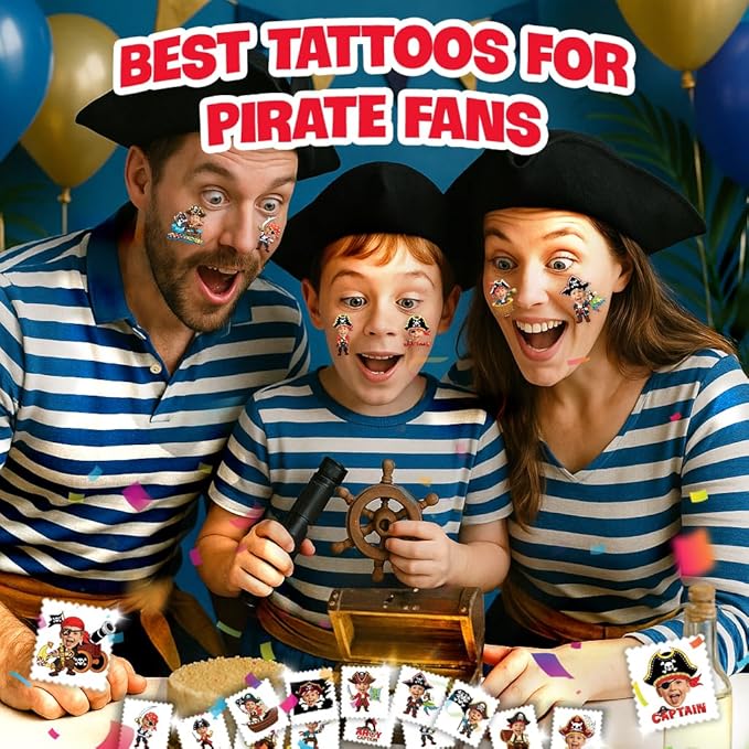 Custom Pirate Temporary Tattoos for Kids - Personalized Pre-Cut Face Photo Tattoos - Fun Birthday Party Favors for Boys, Pirate Fans - Set of 20 Unique Celebration Gifts